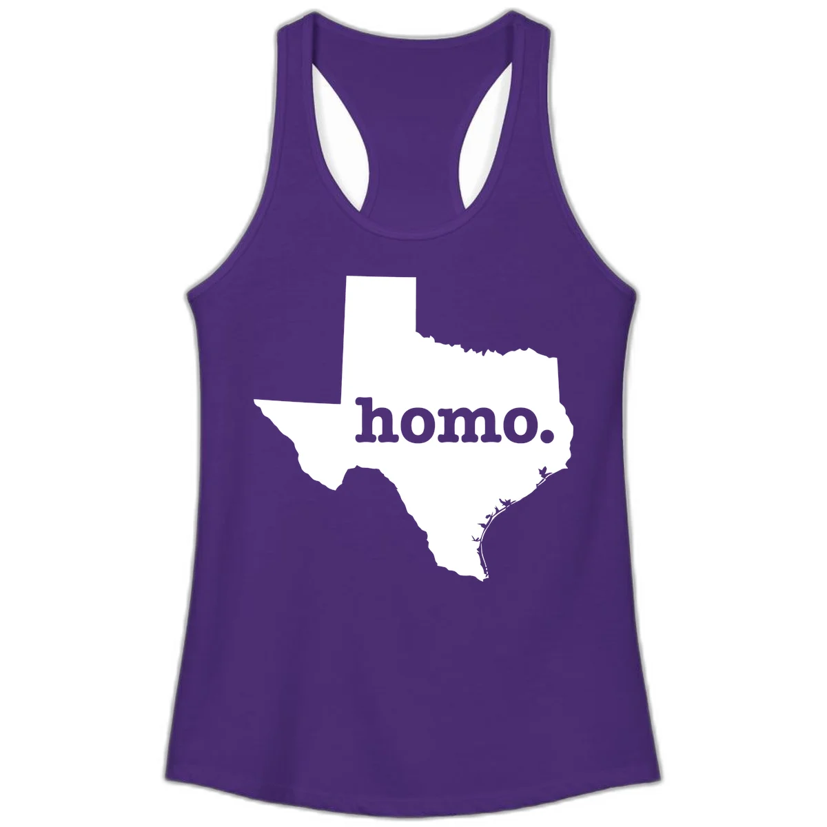White Texas state silhouette with 'homo.' text overlay on gray background, homo-texas-pride design in Solid Purple Rush