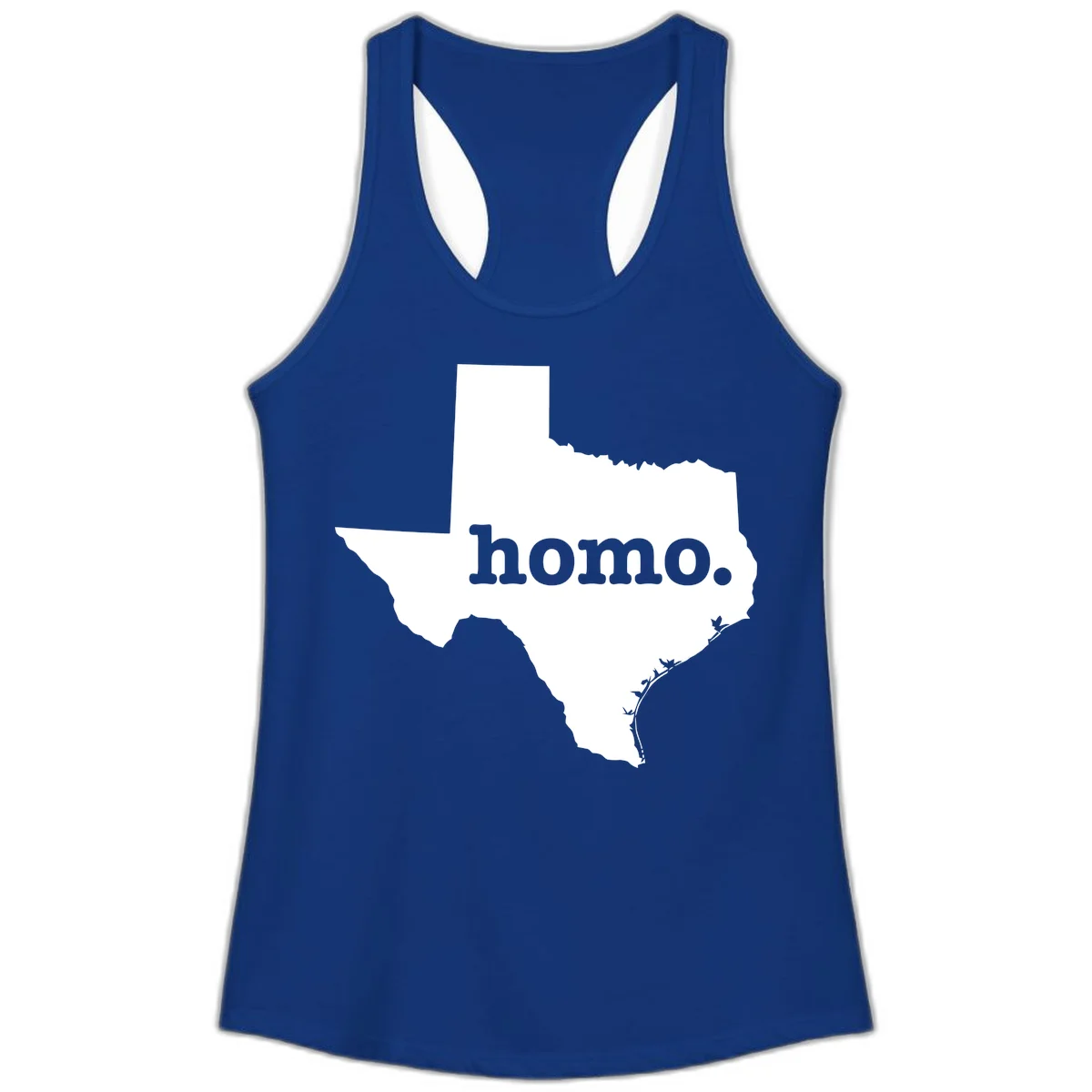 White Texas state silhouette with 'homo.' text overlay on gray background, homo-texas-pride design in Solid Royal