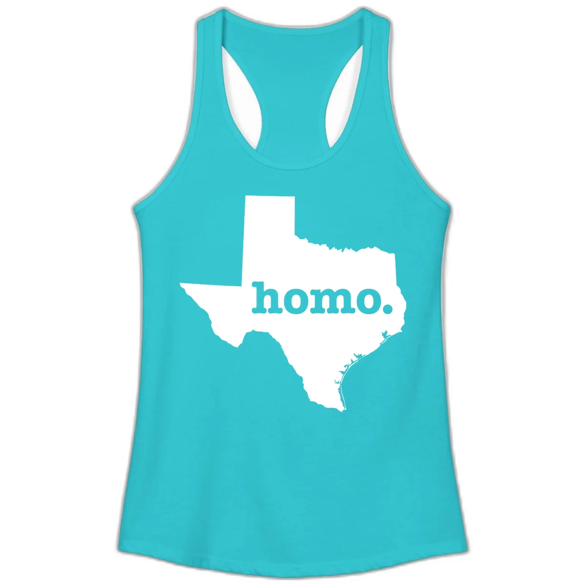 White Texas state silhouette with 'homo.' text overlay on gray background, homo-texas-pride design in Solid Tahiti Blue