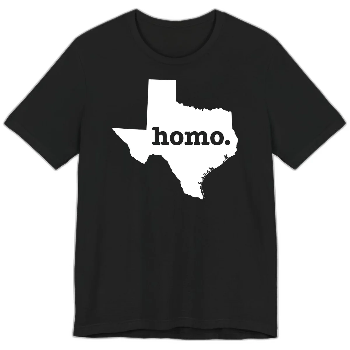 White Texas state silhouette with 'homo.' text overlay on gray background, homo-texas-pride design in Black