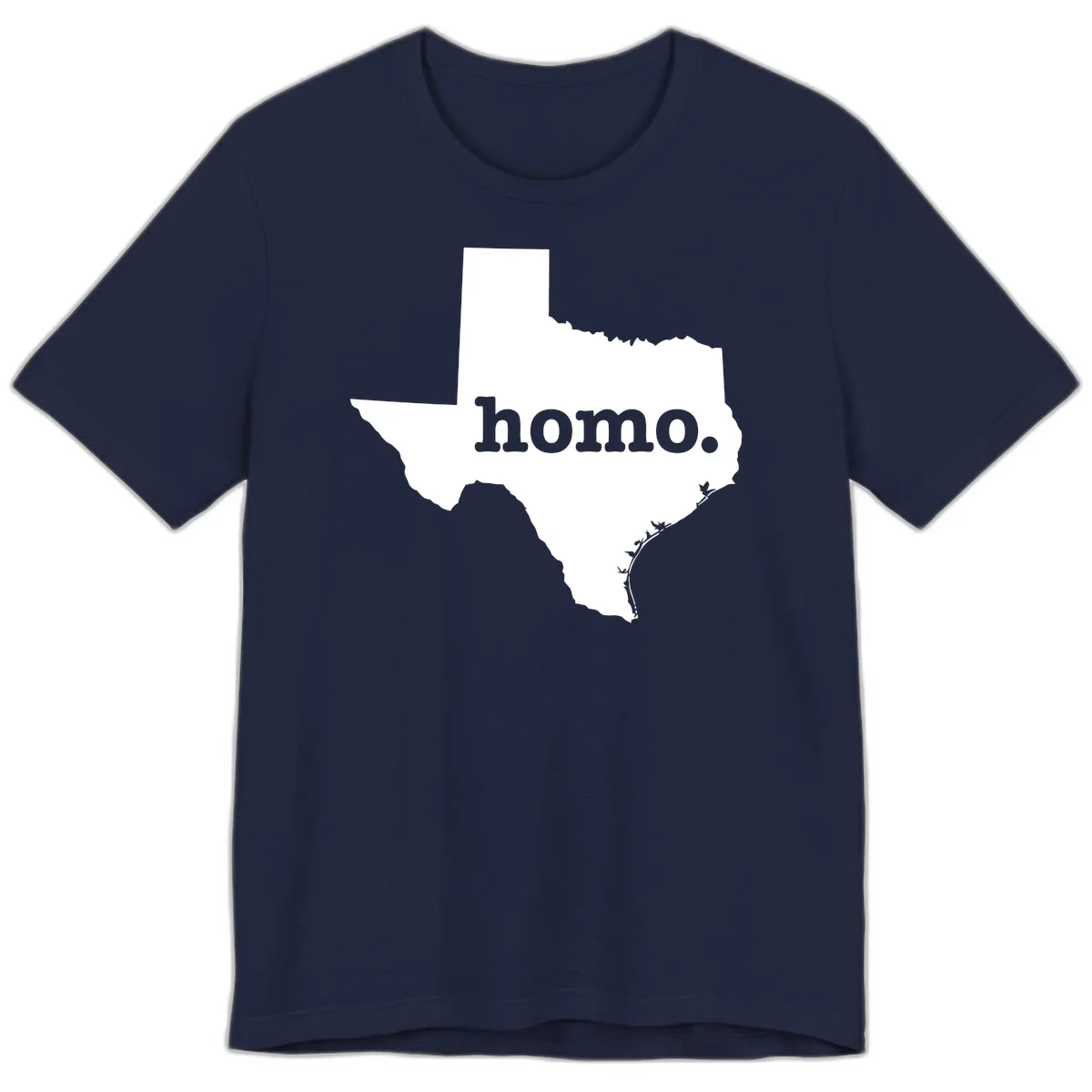 White Texas state silhouette with 'homo.' text overlay on gray background, homo-texas-pride design in Navy
