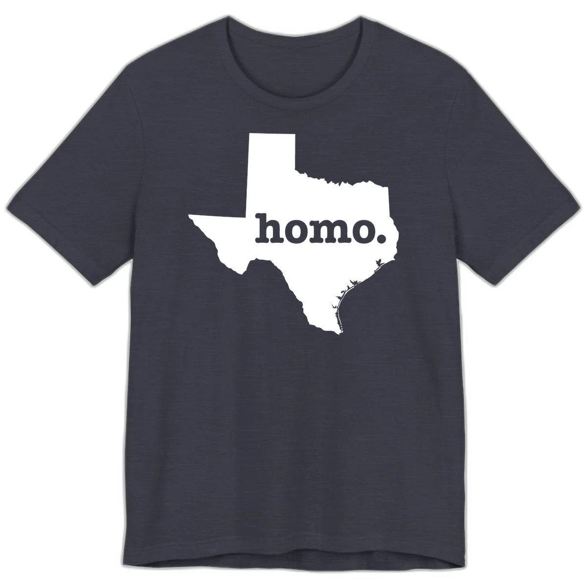 White Texas state silhouette with 'homo.' text overlay on gray background, homo-texas-pride design in Heather Midnight Navy