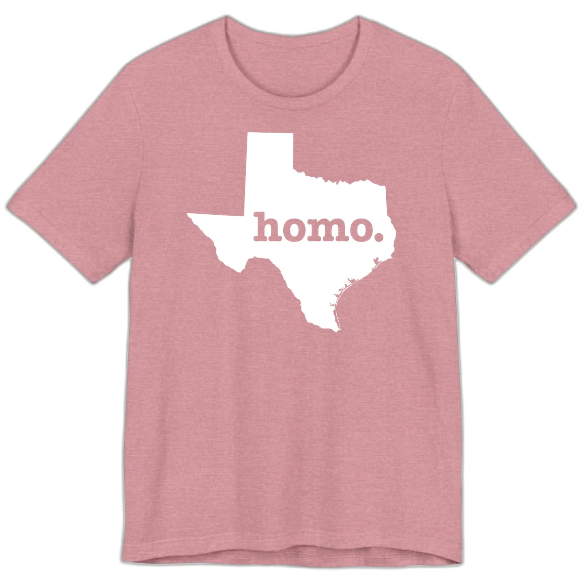 White Texas state silhouette with 'homo.' text overlay on gray background, homo-texas-pride design in Heather Orchid