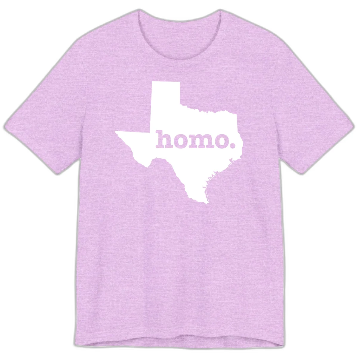 White Texas state silhouette with 'homo.' text overlay on gray background, homo-texas-pride design in Heather Prism Lilac