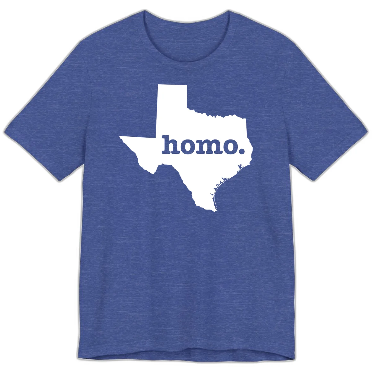 White Texas state silhouette with 'homo.' text overlay on gray background, homo-texas-pride design in Heather True Royal