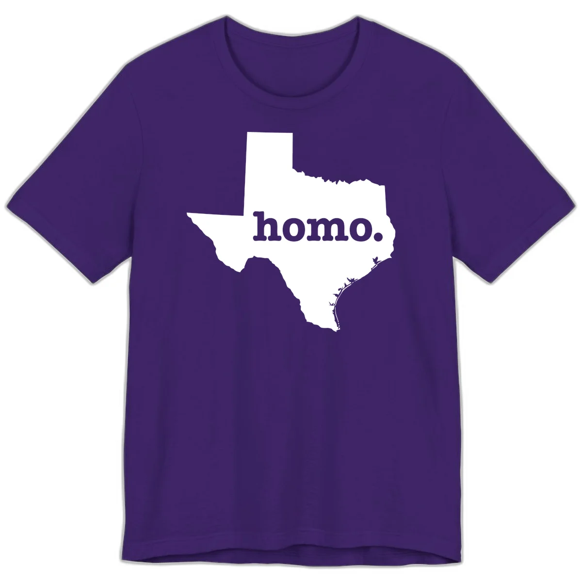 White Texas state silhouette with 'homo.' text overlay on gray background, homo-texas-pride design in Team Purple