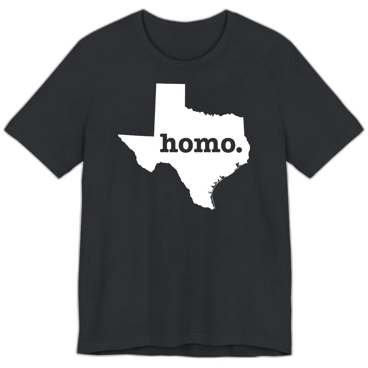 White Texas state silhouette with 'homo.' text overlay on gray background, homo-texas-pride design in Vintage Black