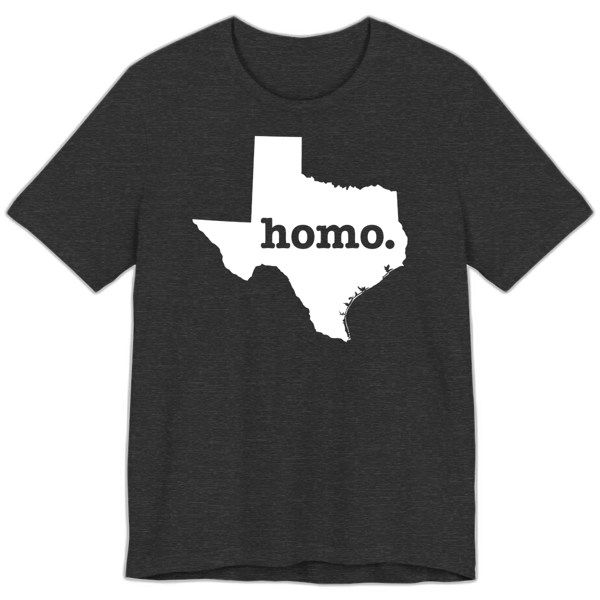 White Texas state silhouette with 'homo.' text overlay on gray background, homo-texas-pride design in Dark Grey Heather