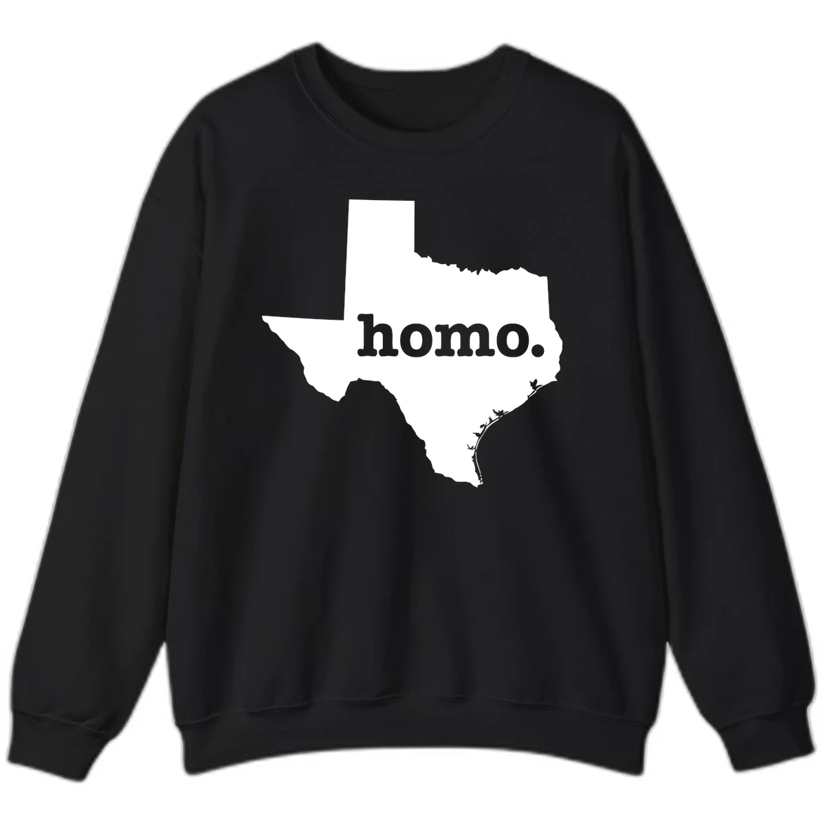 White Texas state silhouette with 'homo.' text overlay on gray background, homo-texas-pride design in Black