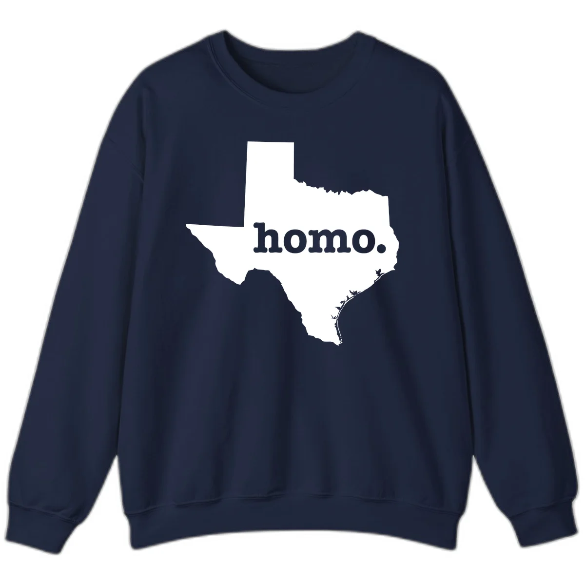White Texas state silhouette with 'homo.' text overlay on gray background, homo-texas-pride design in Navy
