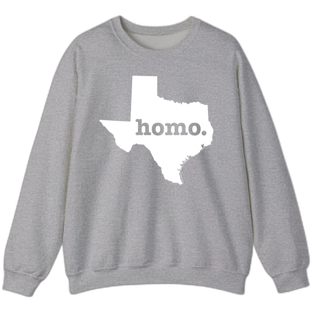 White Texas state silhouette with 'homo.' text overlay on gray background, homo-texas-pride design in Sport Grey