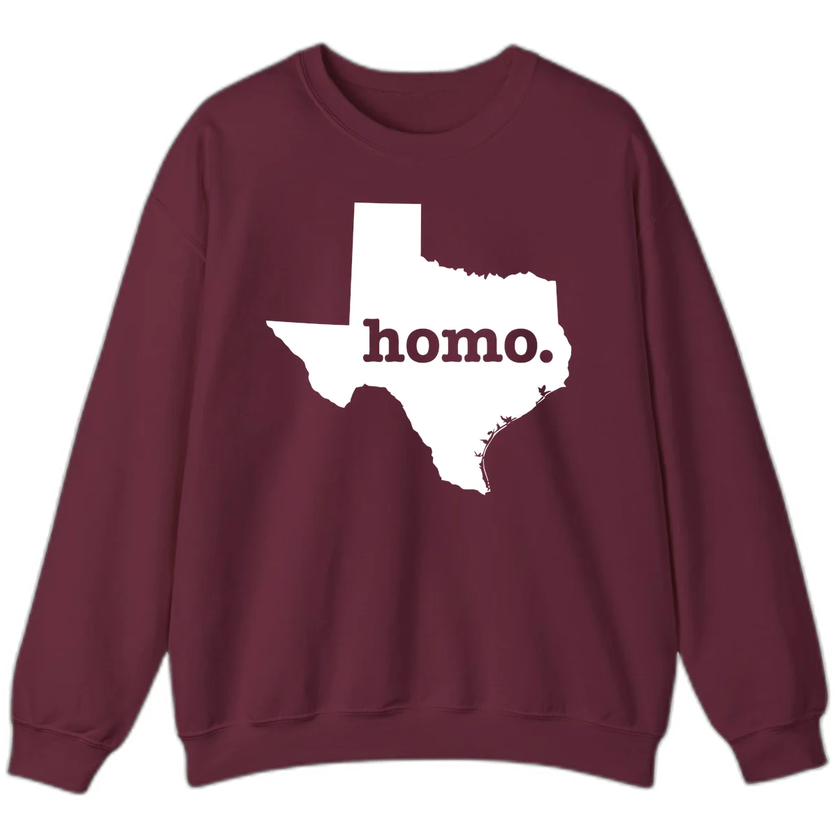 White Texas state silhouette with 'homo.' text overlay on gray background, homo-texas-pride design in Maroon