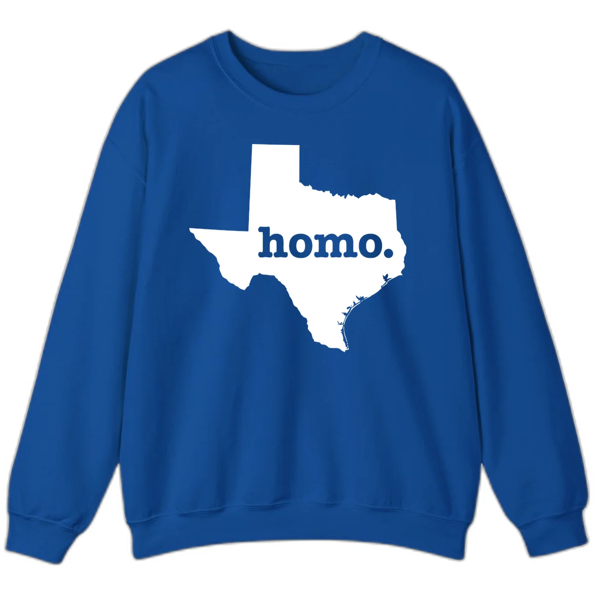 White Texas state silhouette with 'homo.' text overlay on gray background, homo-texas-pride design in Royal