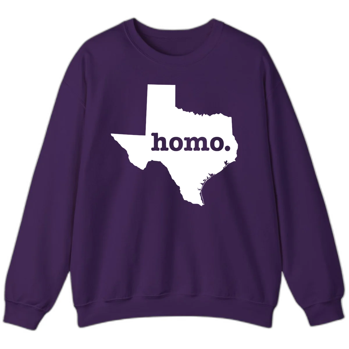 White Texas state silhouette with 'homo.' text overlay on gray background, homo-texas-pride design in Purple