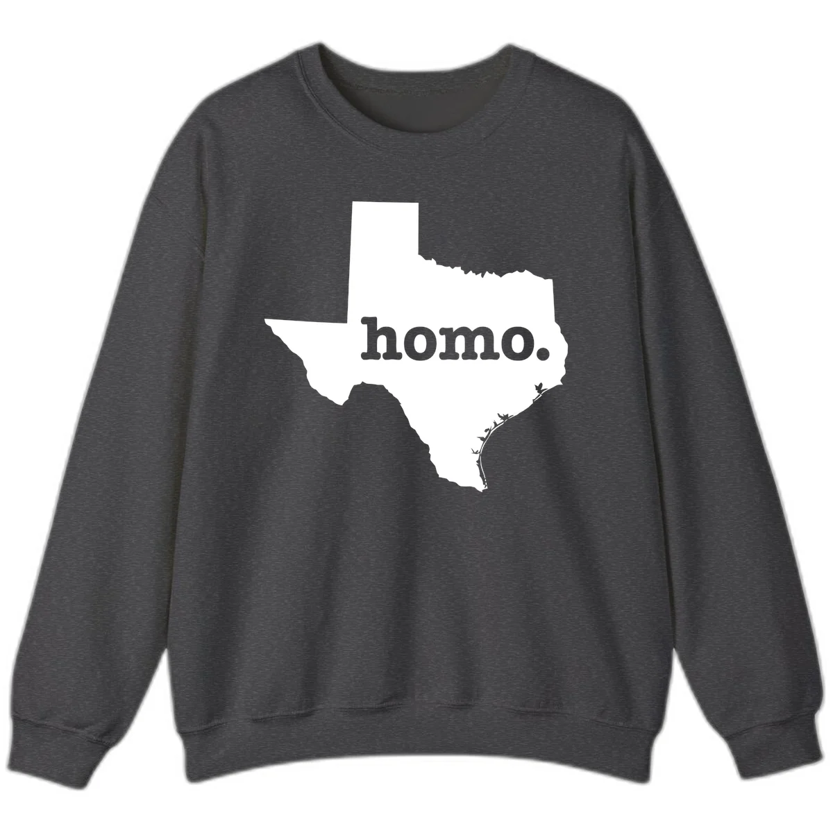 White Texas state silhouette with 'homo.' text overlay on gray background, homo-texas-pride design in Dark Heather