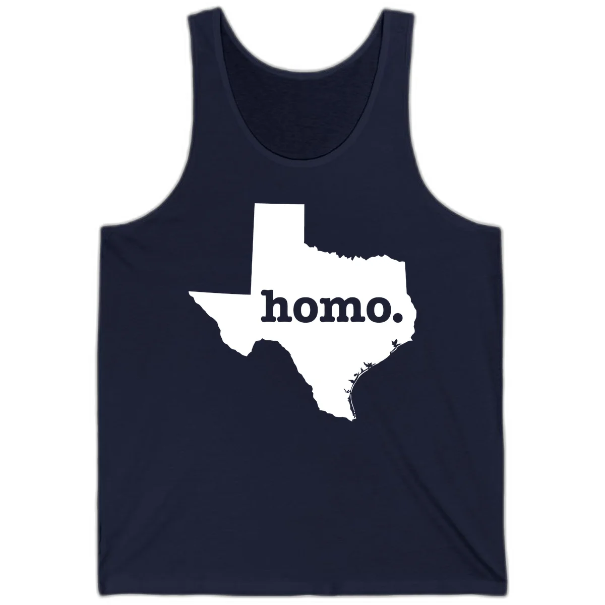 White Texas state silhouette with 'homo.' text overlay on gray background, homo-texas-pride design in Navy