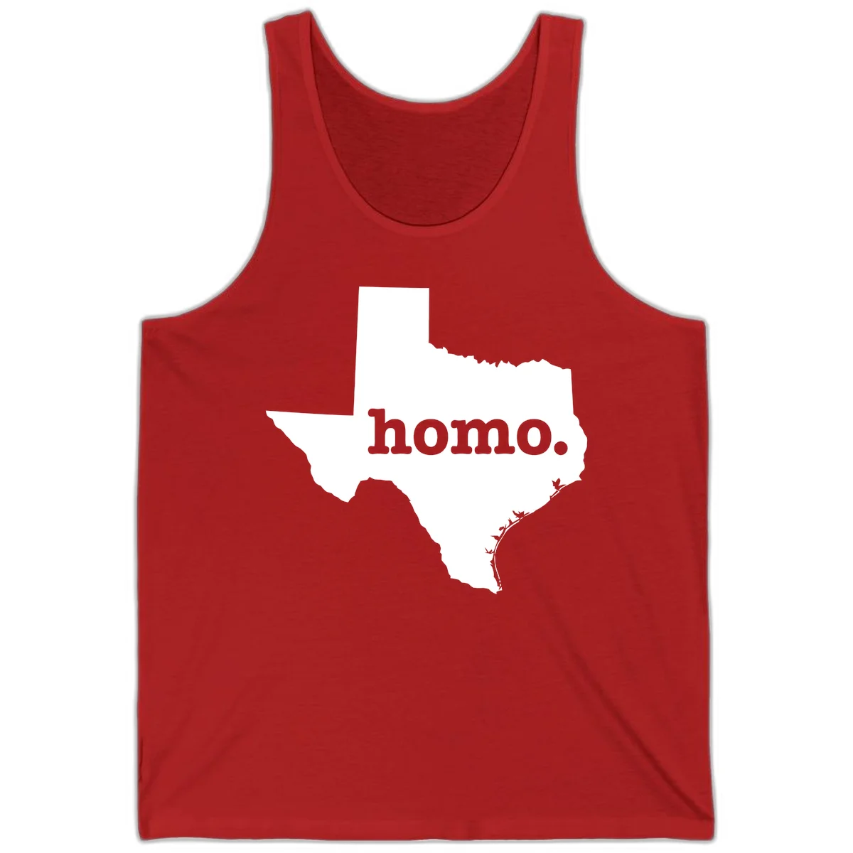 White Texas state silhouette with 'homo.' text overlay on gray background, homo-texas-pride design in Red