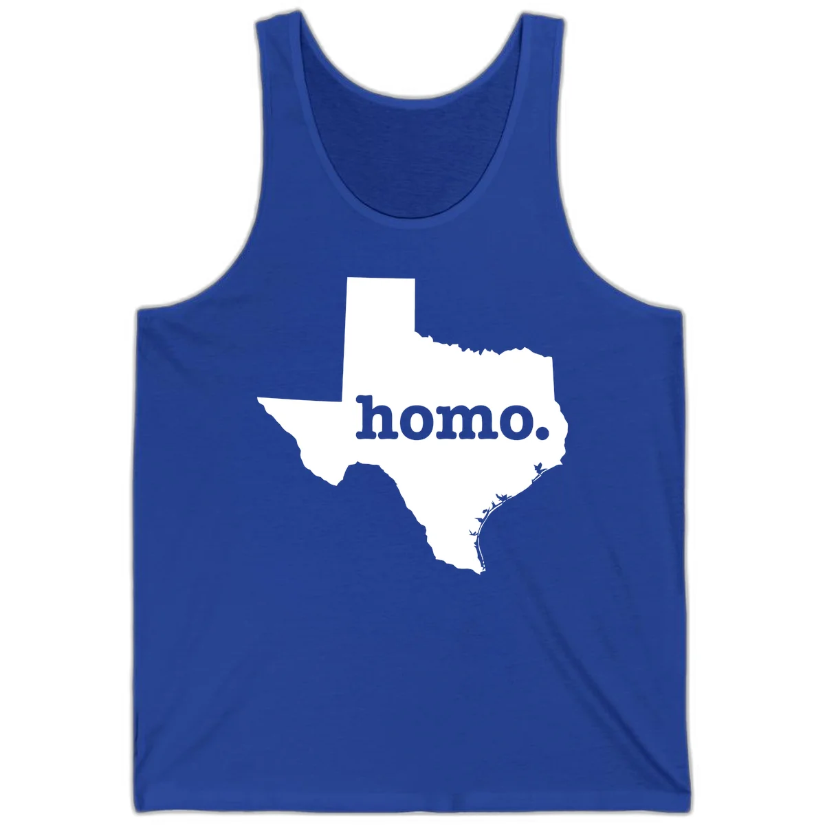 White Texas state silhouette with 'homo.' text overlay on gray background, homo-texas-pride design in True Royal