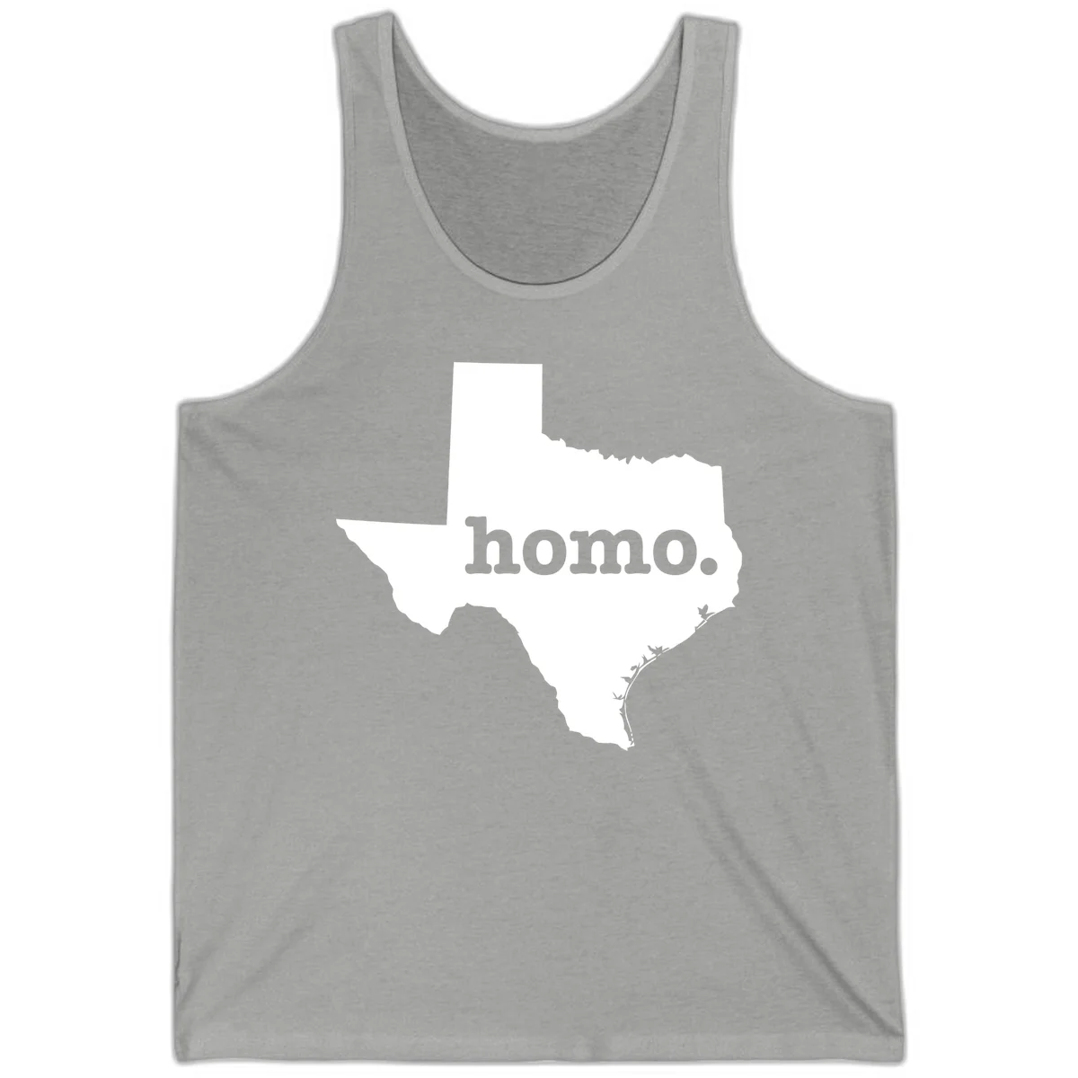 White Texas state silhouette with 'homo.' text overlay on gray background, homo-texas-pride design in Athletic Heather