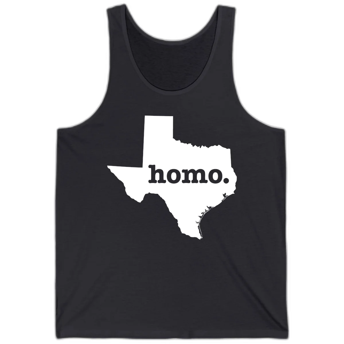 White Texas state silhouette with 'homo.' text overlay on gray background, homo-texas-pride design in Dark Grey