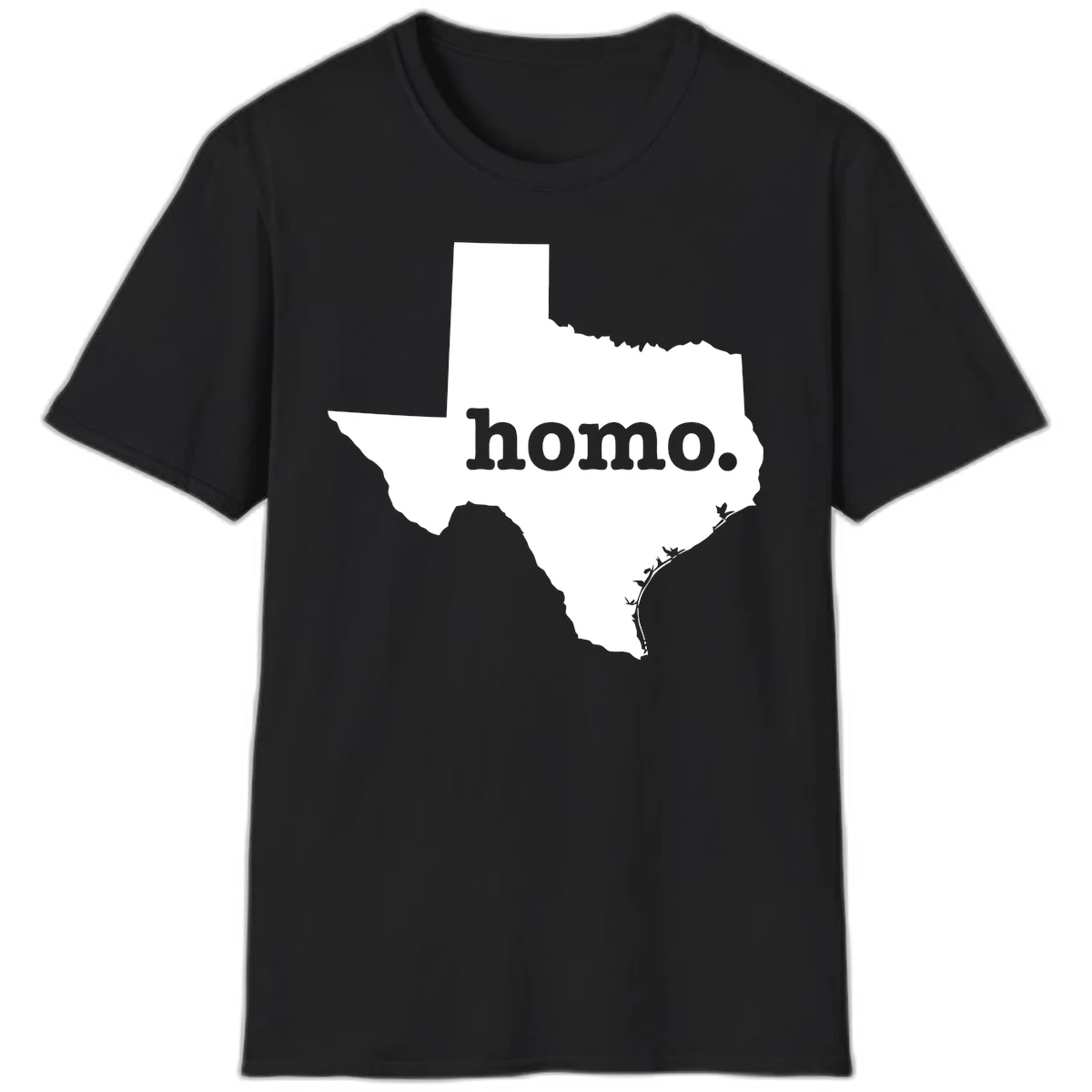 White Texas state silhouette with 'homo.' text overlay on gray background, homo-texas-pride design in Black