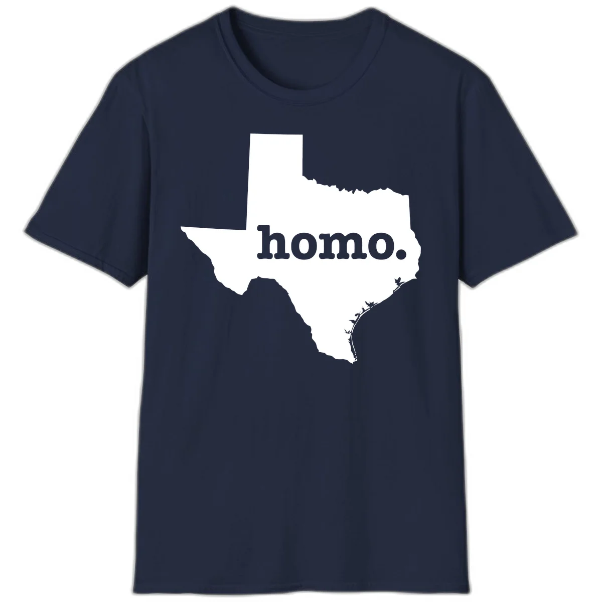 White Texas state silhouette with 'homo.' text overlay on gray background, homo-texas-pride design in Navy