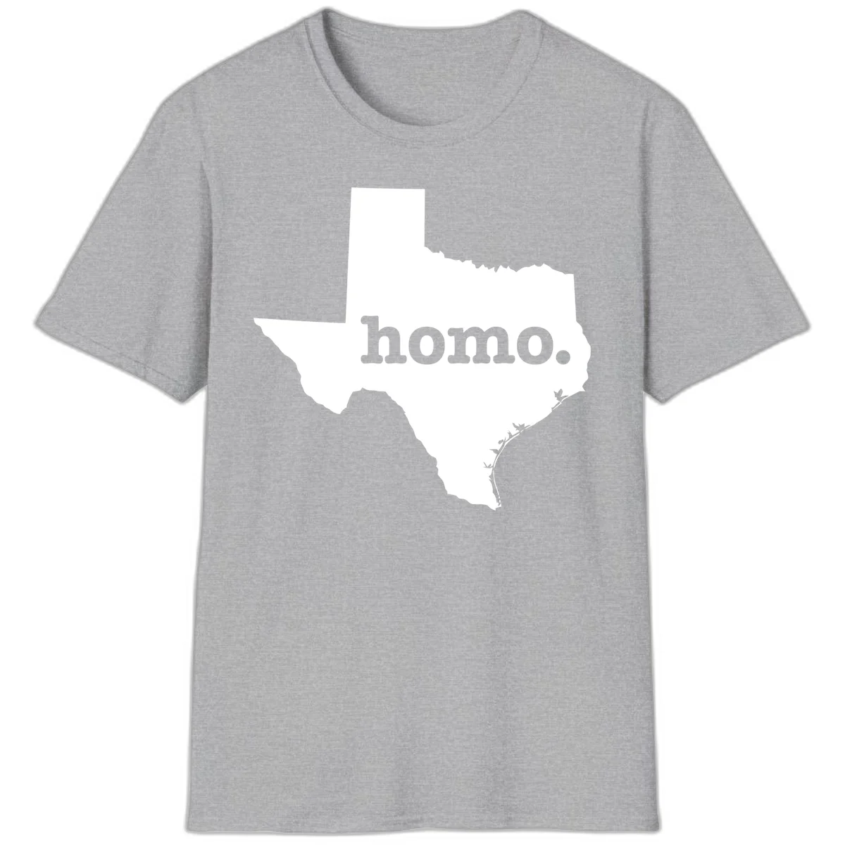 White Texas state silhouette with 'homo.' text overlay on gray background, homo-texas-pride design in Sport Grey
