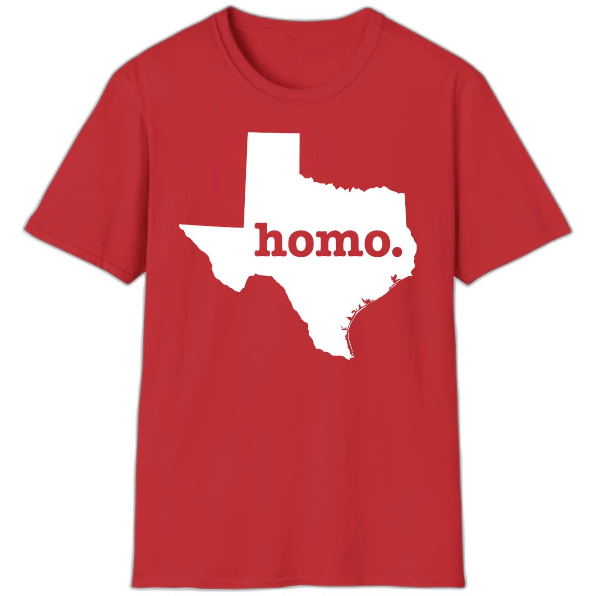 White Texas state silhouette with 'homo.' text overlay on gray background, homo-texas-pride design in Red