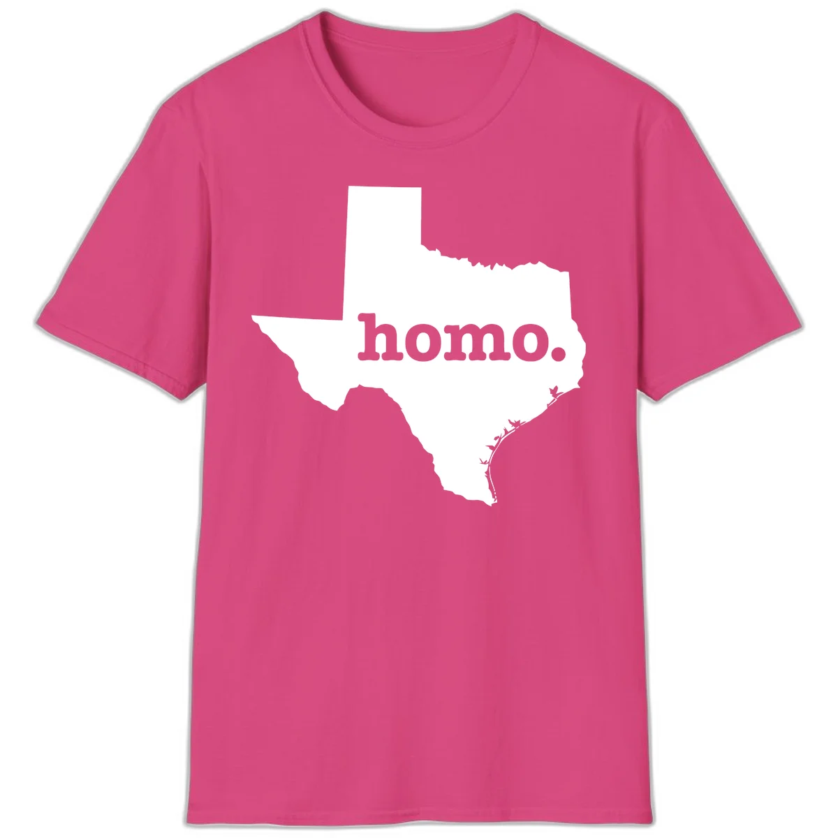 White Texas state silhouette with 'homo.' text overlay on gray background, homo-texas-pride design in Heliconia