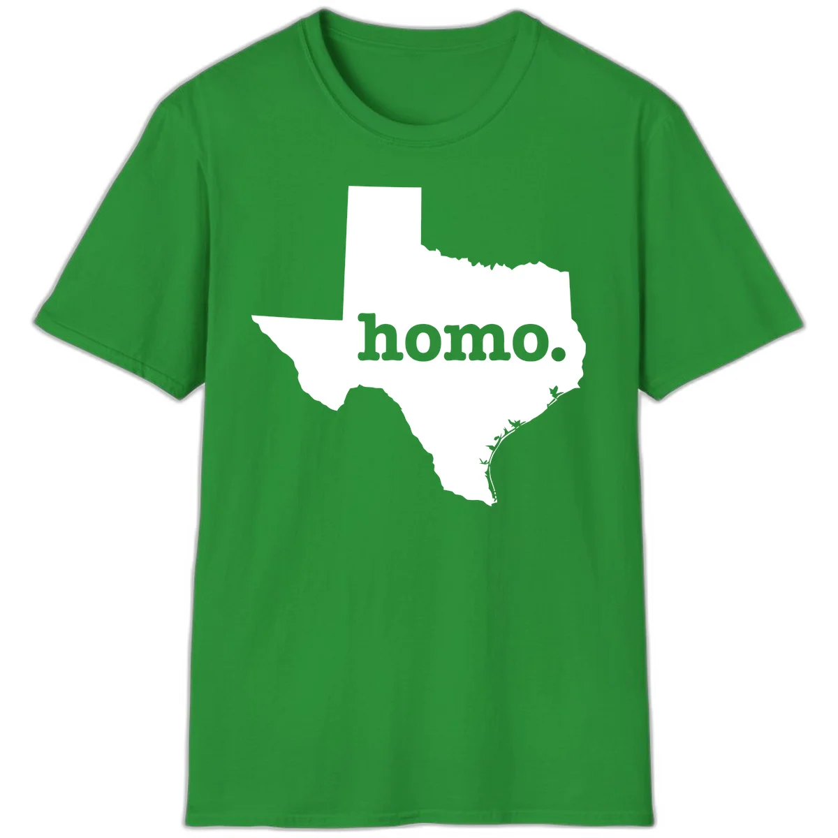 White Texas state silhouette with 'homo.' text overlay on gray background, homo-texas-pride design in Irish Green