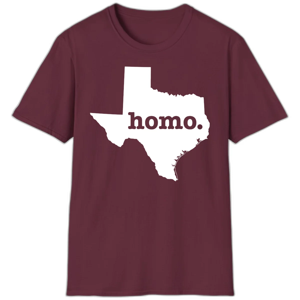 White Texas state silhouette with 'homo.' text overlay on gray background, homo-texas-pride design in Maroon