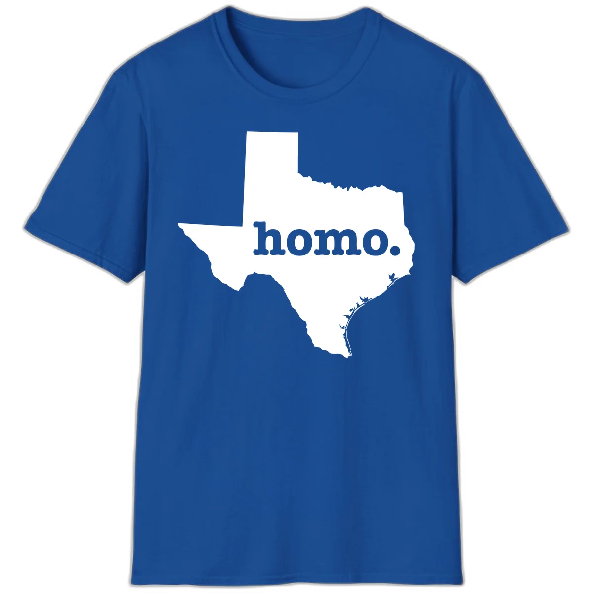 White Texas state silhouette with 'homo.' text overlay on gray background, homo-texas-pride design in Royal