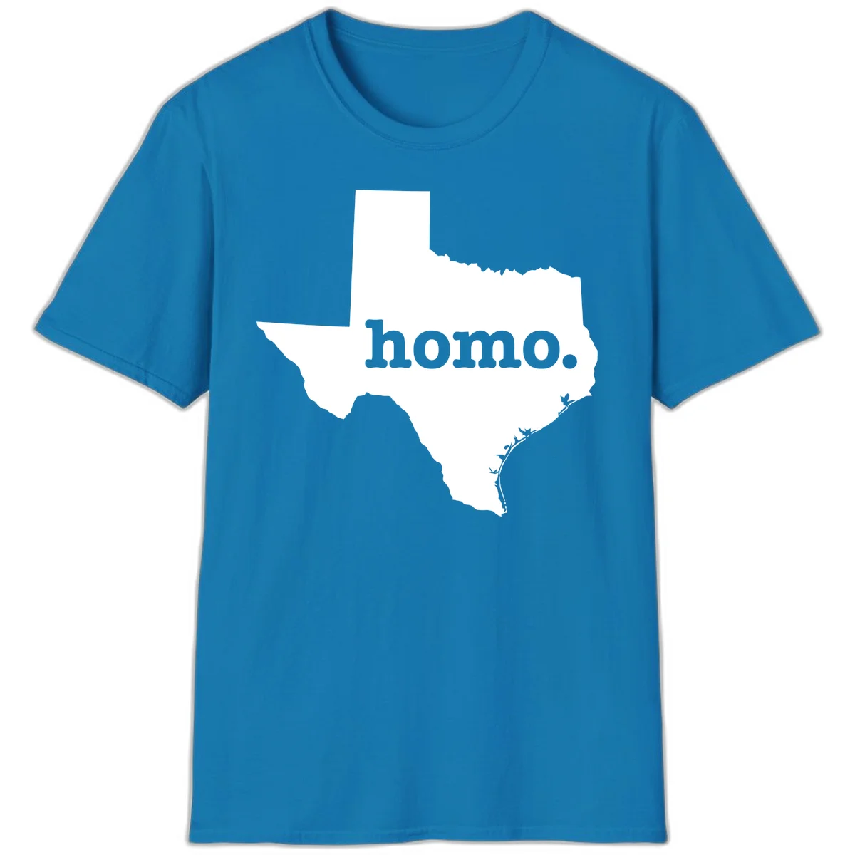 White Texas state silhouette with 'homo.' text overlay on gray background, homo-texas-pride design in Sapphire