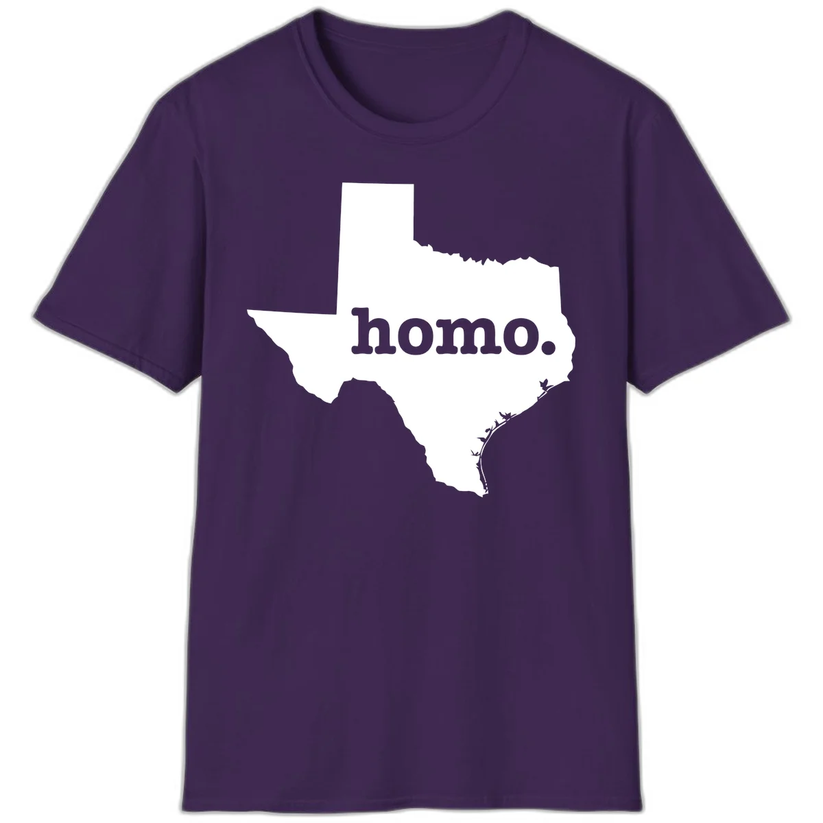 White Texas state silhouette with 'homo.' text overlay on gray background, homo-texas-pride design in Purple