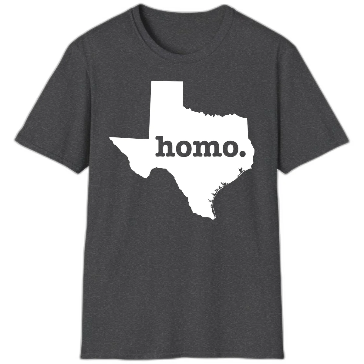 White Texas state silhouette with 'homo.' text overlay on gray background, homo-texas-pride design in Dark Heather