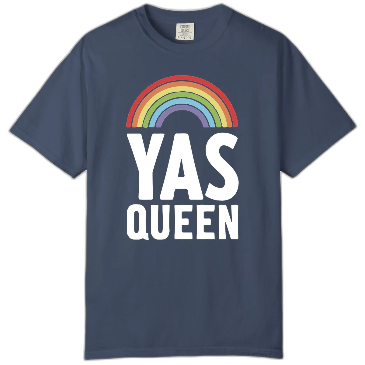 Yas queen pride rainbow design with colorful arc and bold white lettering on gray background in Midnight