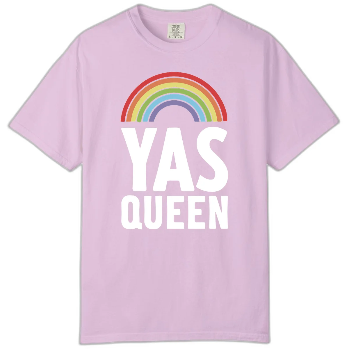 Yas queen pride rainbow design with colorful arc and bold white lettering on gray background in Orchid