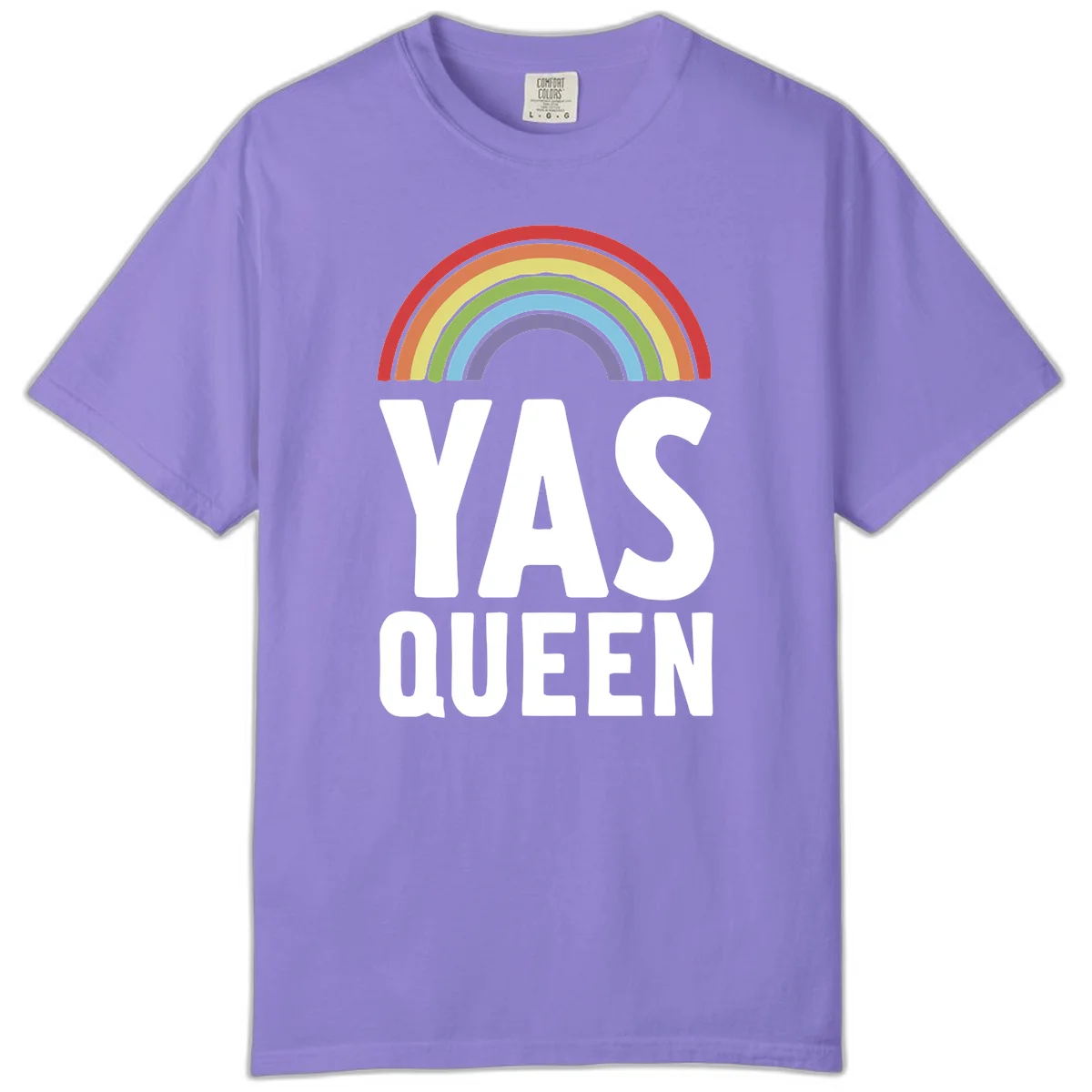 Yas queen pride rainbow design with colorful arc and bold white lettering on gray background in Violet