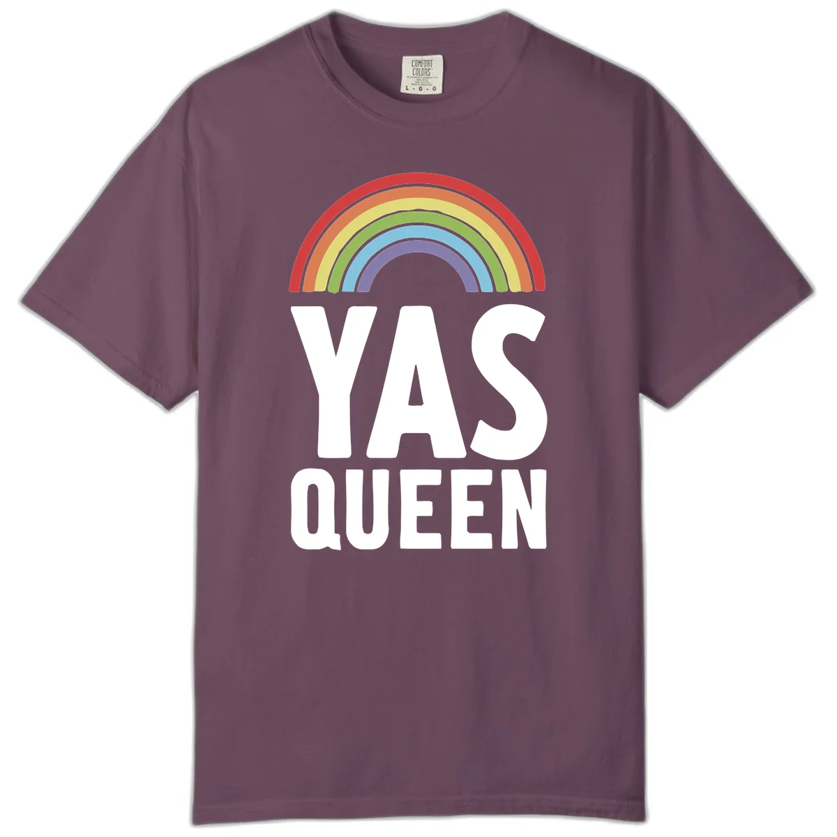 Yas queen pride rainbow design with colorful arc and bold white lettering on gray background in Berry