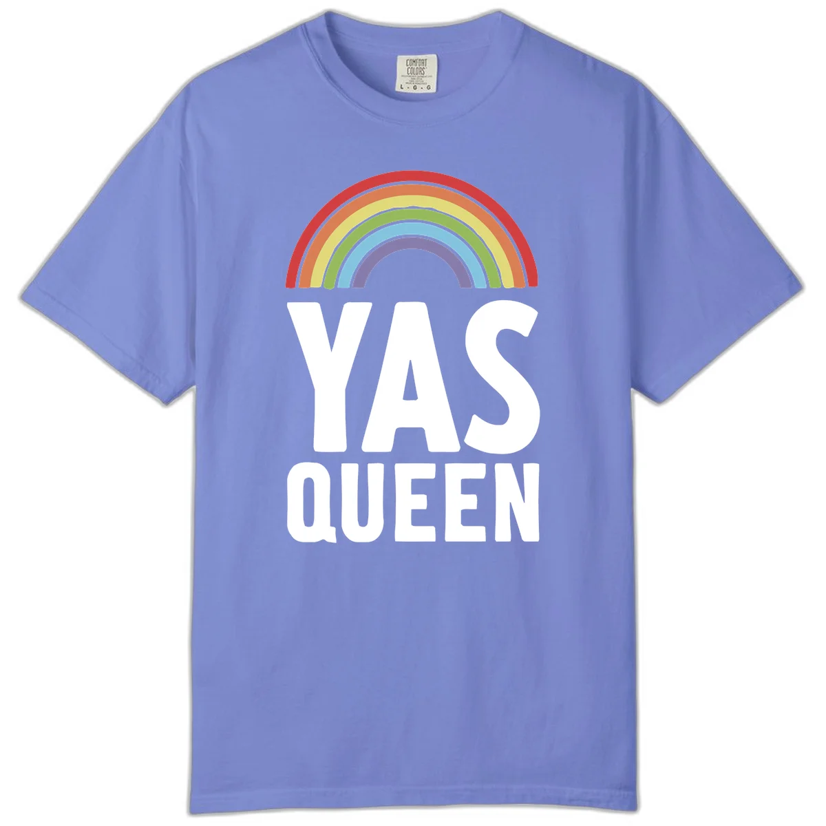 Yas queen pride rainbow design with colorful arc and bold white lettering on gray background in Flo Blue