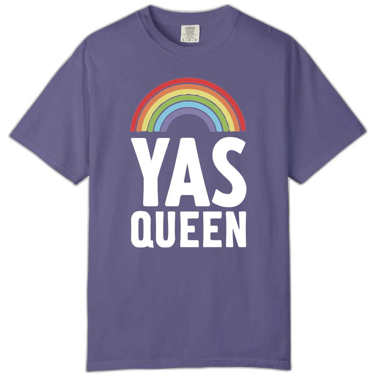 Yas queen pride rainbow design with colorful arc and bold white lettering on gray background in Grape