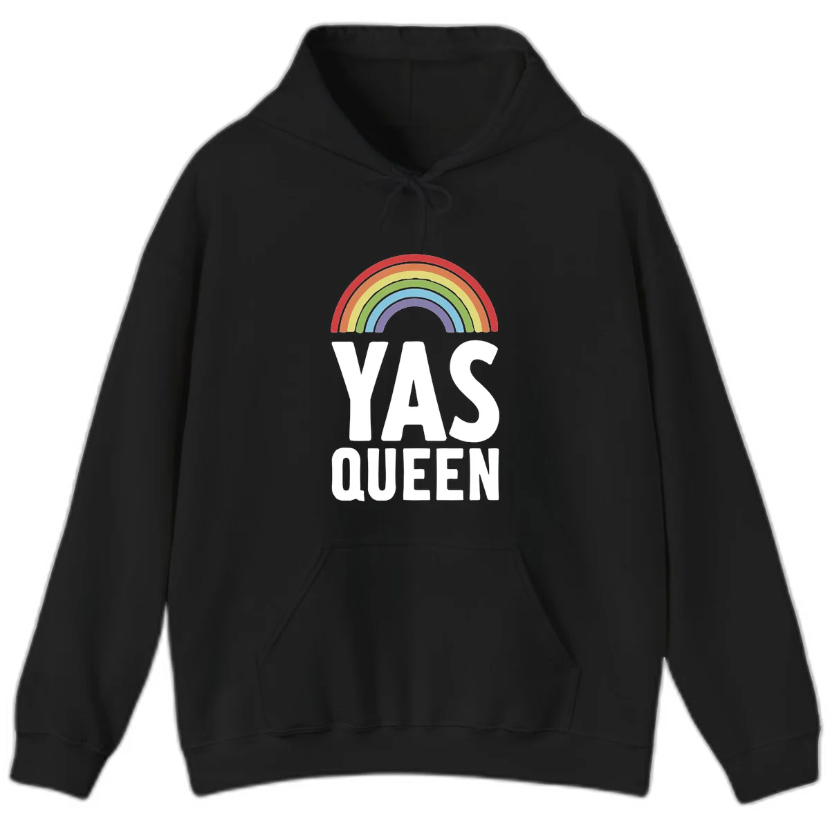 Yas queen pride rainbow design with colorful arc and bold white lettering on gray background in Black