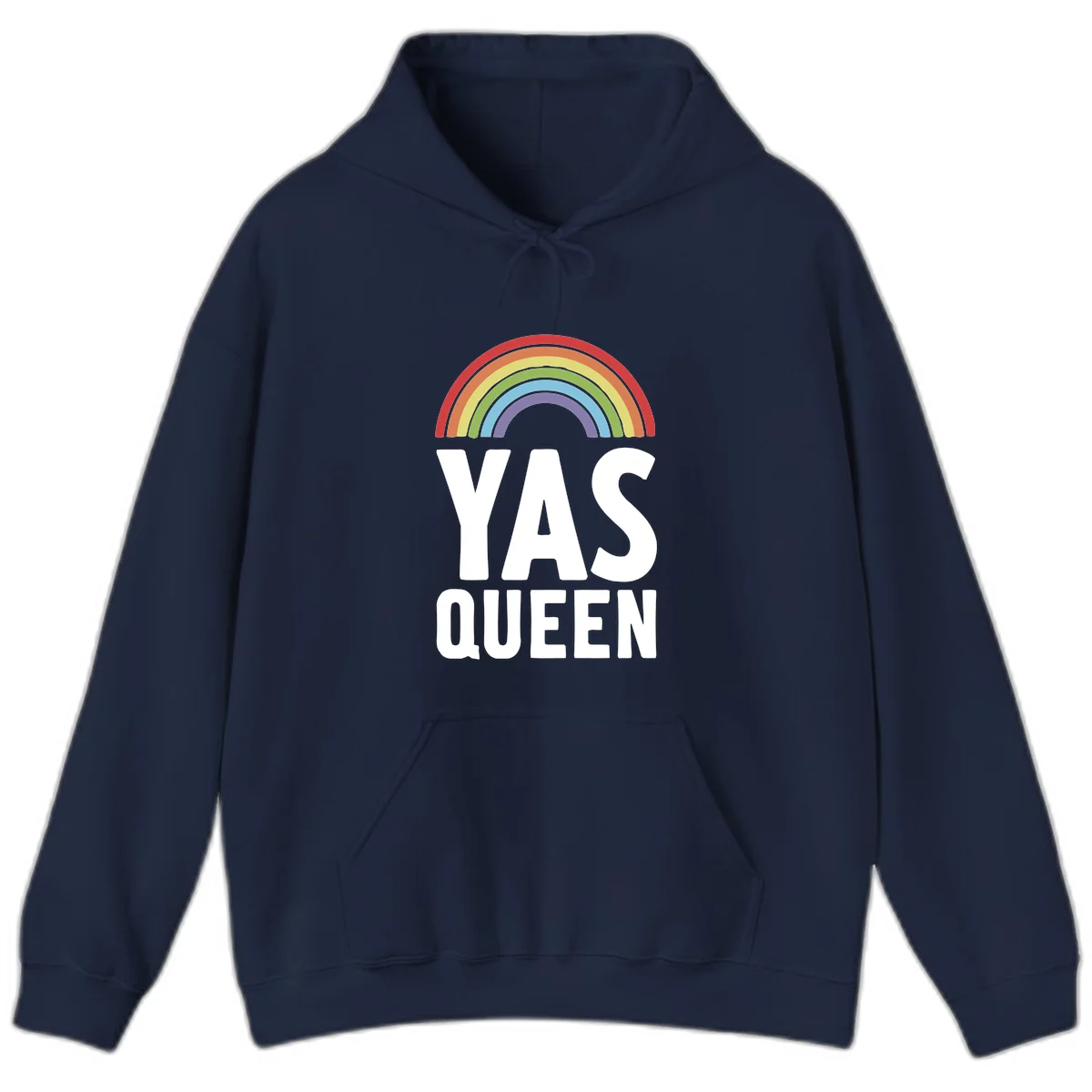 Yas queen pride rainbow design with colorful arc and bold white lettering on gray background in Navy