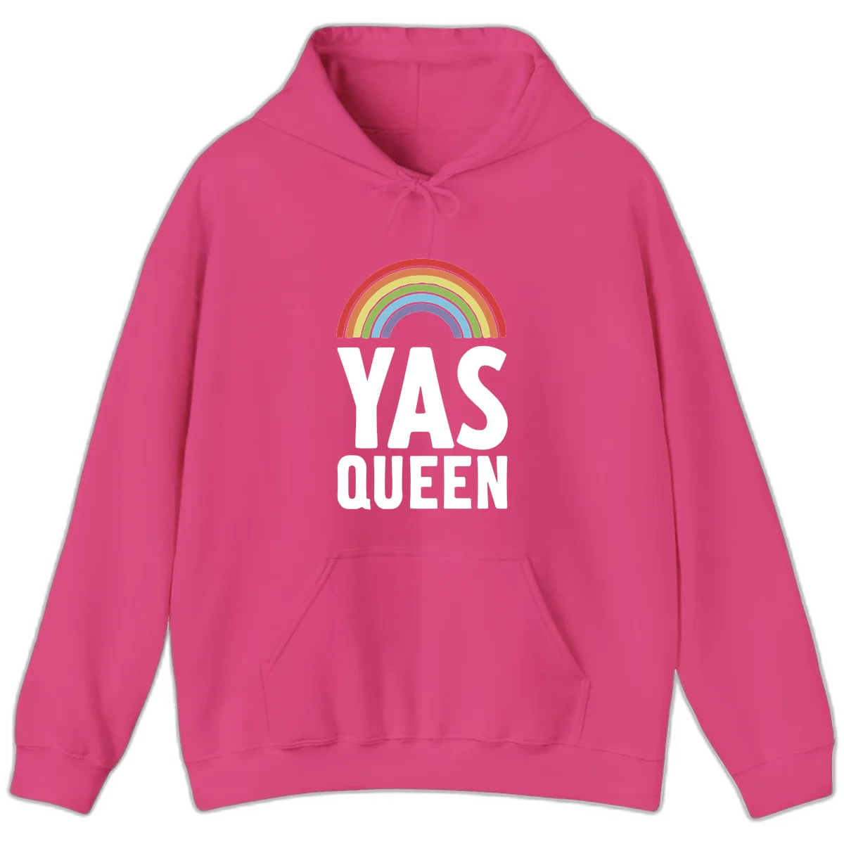 Yas queen pride rainbow design with colorful arc and bold white lettering on gray background in Heliconia