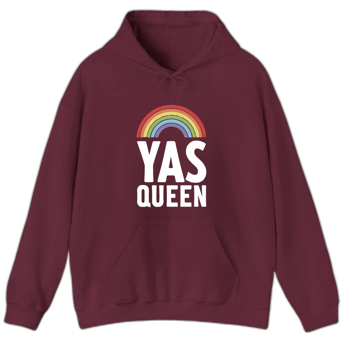 Yas queen pride rainbow design with colorful arc and bold white lettering on gray background in Maroon