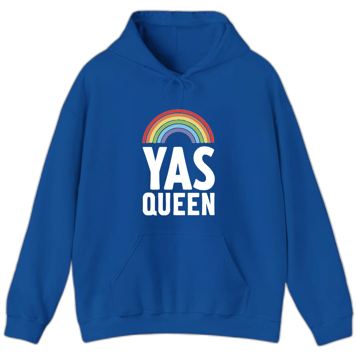 Yas queen pride rainbow design with colorful arc and bold white lettering on gray background in Royal