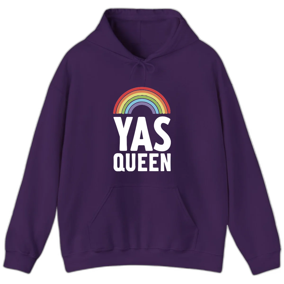 Yas queen pride rainbow design with colorful arc and bold white lettering on gray background in Purple