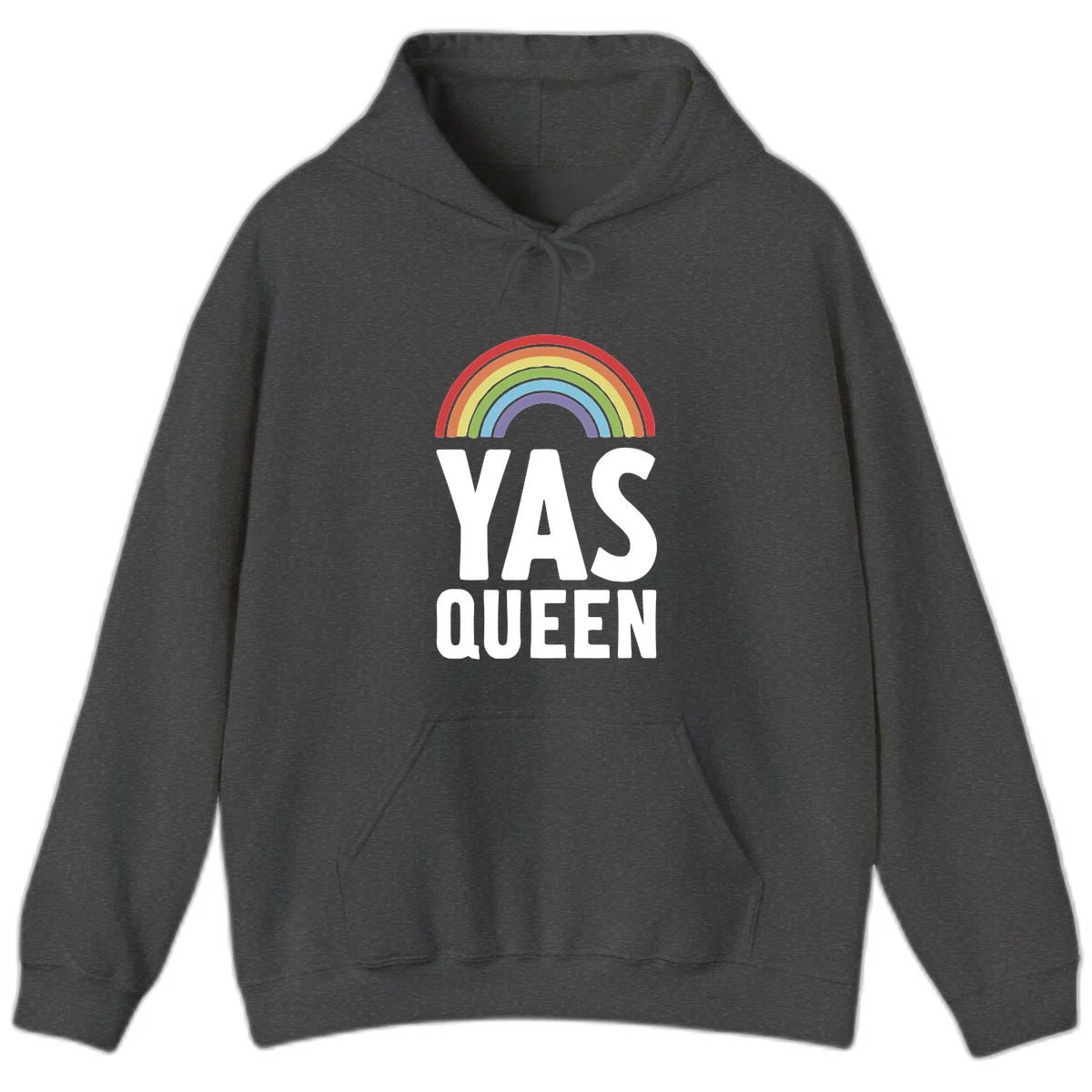 Yas queen pride rainbow design with colorful arc and bold white lettering on gray background in Dark Heather