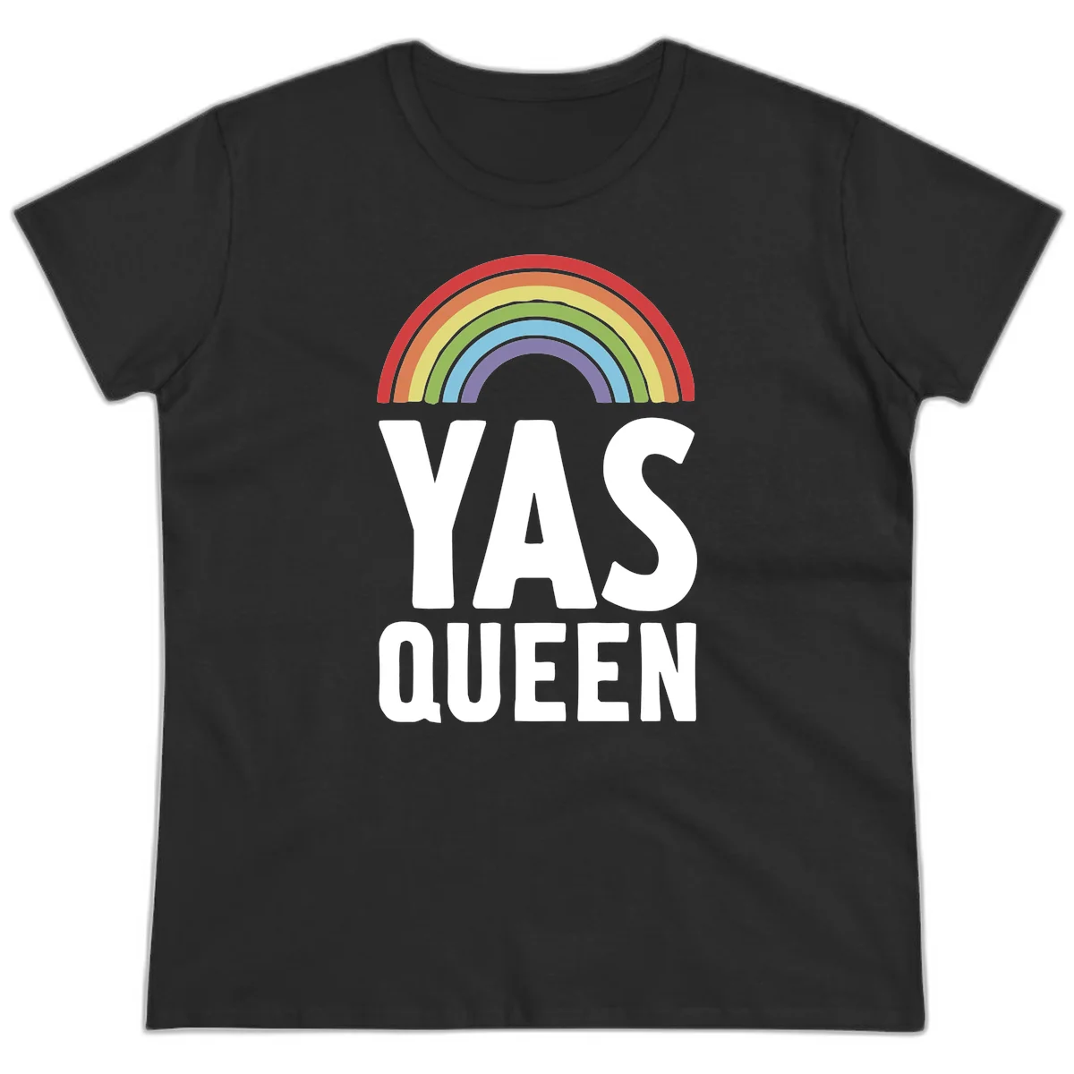 Yas queen pride rainbow design with colorful arc and bold white lettering on gray background in Black