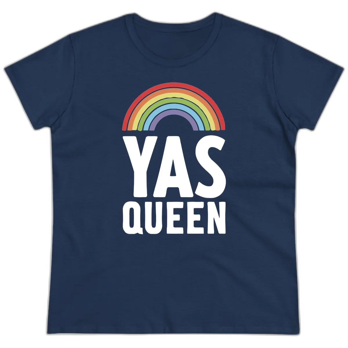 Yas queen pride rainbow design with colorful arc and bold white lettering on gray background in Navy